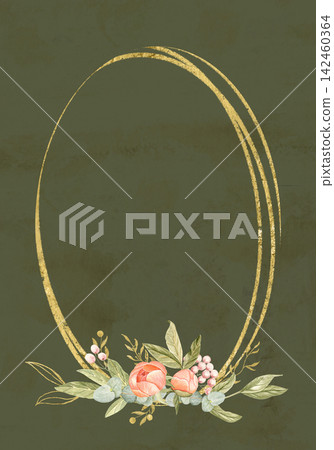 Peony flowers green leaves, berries watercolor vertical frame on textured green. Hand-painted with golden detail, perfect for wedding invitations, branding, packaging, fabric design, cards. Peach tone Peony flowers green leaves, berries watercolor vertical frame on textured green. Hand-painted with golden detail, perfect for wedding invitations, branding, packaging, fabric design, cards. Peach tone 142460364