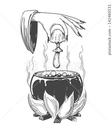Hand holds mushroom above boiling pot Hand holds mushroom above boiling pot 142460531