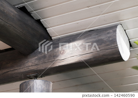 Close-up view of a rustic wooden beam and log ceiling Close-up view of a rustic wooden beam and log ceiling 142460590