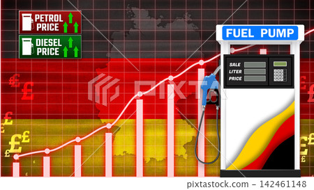 A glowing chart tracks climbing diesel and petrol expenses. The station pump displays German national colors. A glowing chart tracks climbing diesel and petrol expenses. The station pump displays German national colors. 142461148