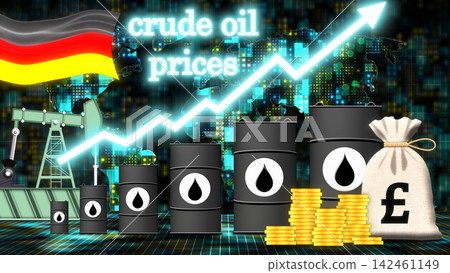 Oil barrels arranged by height illustrate rising production costs. An ascending arrow tracks surging energy prices worldwide. Oil barrels arranged by height illustrate rising production costs. An ascending arrow tracks surging energy prices worldwide. 142461149
