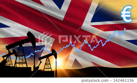 Silhouetted drilling derricks work across an open field at sunset. The Union Jack flag and an upward financial graph show market movement. Silhouetted drilling derricks work across an open field at sunset. The Union Jack flag and an upward financial graph show market movement. 142461156