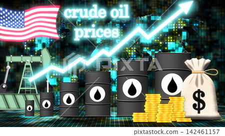 Oil barrels stand next to stacks of golden coins and a cash sack. The United States flag and a glowing arrow depict rising oil expenses. 142461157