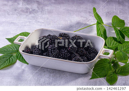 Fresh blackberries in ceramic dish with green leaves on textured gray background Fresh blackberries in ceramic dish with green leaves on textured gray background 142461297