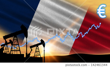 Pumpjacks drill for crude oil during a bright sunset in the landscape. An upward trending financial graph reflects rising fuel costs Pumpjacks drill for crude oil during a bright sunset in the landscape. An upward trending financial graph reflects rising fuel costs 142461344