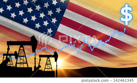 Silhouette pump rigs stand against a golden evening sky. The national flag overlays an upward financial chart. Silhouette pump rigs stand against a golden evening sky. The national flag overlays an upward financial chart. 142461345