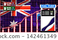 Commercial pump equipment stands ready beside financial charts. An upward curve shows growing vehicle fuel rates. 142461349