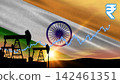 Silhouetted pumps operate under a waving nation flag. Financial indicators mark increasing petroleum profits. 142461351