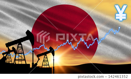 Industrial oil jacks stand against a bright sunset glow. An upward trend line shows crude market expansion. Industrial oil jacks stand against a bright sunset glow. An upward trend line shows crude market expansion. 142461352