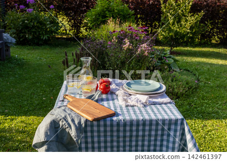 Summer Garden Picnic Table with Empty Plate, Lemonade and Fresh Tomatoes Summer Garden Picnic Table with Empty Plate, Lemonade and Fresh Tomatoes 142461397