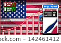 Fuel dispenser stands beside a rising financial market graph. American flag and price increase indicators mark energy inflation. 142461412