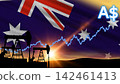 Pumpjacks work in the field during a golden sunset under the national flag. A glowing blue market line tracks rising Australian energy prices. 142461413