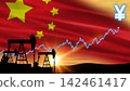 Silhouetted oil pump jacks harvest crude against an evening sky. A sharp financial growth graph tracks the rising Chinese oil trade. 142461417