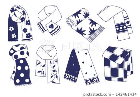 Winter Knitted Scarves and Neck Wrap Set. Isolated Blue Hand Drawn Doodle Scarf Collection with Floral, Garland, Heart, Plaid and Polka Dot Patterns for Apparel Design. Vector Illustration. Winter Knitted Scarves and Neck Wrap Set. Isolated Blue Hand Drawn Doodle Scarf Collection with Floral, Garland, Heart, Plaid and Polka Dot Patterns for Apparel Design. Vector Illustration. 142461434