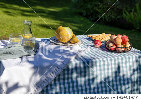 Fresh Apples, Melon and Homemade Lemonade on Sunny Picnic Table in Home Garden Fresh Apples, Melon and Homemade Lemonade on Sunny Picnic Table in Home Garden 142461477