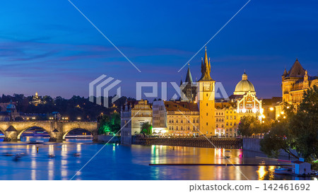 View of the city Prague in Czech Republic day to night timelapse on the Vltava river with beautiful sky 142461692