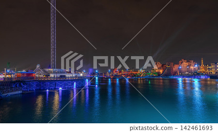 Panorama showing Riyadh Boulevard World entertainment park with largest artificial lake timelapse. Riyadh. Saudi Arabia Panorama showing Riyadh Boulevard World entertainment park with largest artificial lake timelapse. Riyadh. Saudi Arabia 142461693