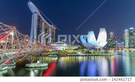 View of The Helix Bridge in Singapore day to night timelapse. View of The Helix Bridge in Singapore day to night timelapse. 142461717