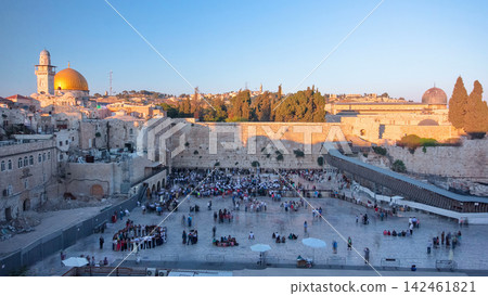 The Temple Mount in Jerusalem, including the Western Wall and the golden Dome of the Rock at Sunset timelapse The Temple Mount in Jerusalem, including the Western Wall and the golden Dome of the Rock at Sunset timelapse 142461821
