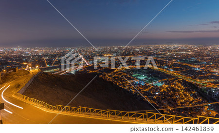 Aerial view of Lima skyline day to night timelapse from San Cristobal hill. Aerial view of Lima skyline day to night timelapse from San Cristobal hill. 142461839