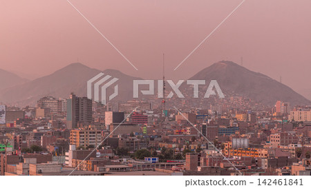 Panoramic skyline of Lima city from above with many buildings aerial timelapse. Lima, Peru Panoramic skyline of Lima city from above with many buildings aerial timelapse. Lima, Peru 142461841