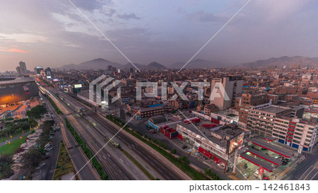 Aerial view of Via Expresa highway and metropolitan bus with traffic during sunset timelapse. Lima, Peru Aerial view of Via Expresa highway and metropolitan bus with traffic during sunset timelapse. Lima, Peru 142461843