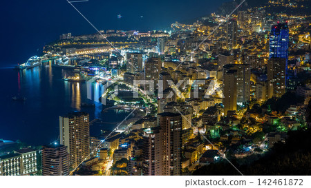 Aerial top view of Monaco from the grand corniche road day to night timelapse, Monaco France Aerial top view of Monaco from the grand corniche road day to night timelapse, Monaco France 142461872