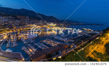 Panorama of Monte Carlo day to night timelapse from the observation deck in the village of Monaco with Port Hercules Panorama of Monte Carlo day to night timelapse from the observation deck in the village of Monaco with Port Hercules 142461879