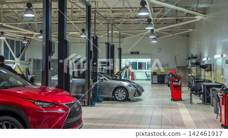 Cars moves on lifts in modern service station and men repair cars timelapse. Cars moves on lifts in modern service station and men repair cars timelapse. 142461917