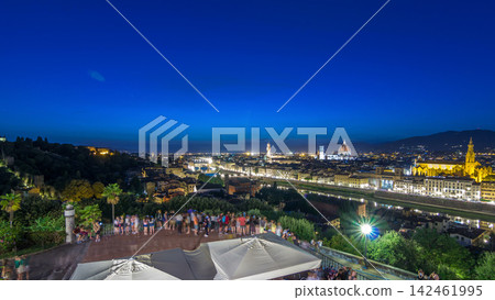 Skyline view of Arno River day to night timelapse, Ponte Vecchio from Piazzale Michelangelo at Sunset, Florence, Italy. 142461995