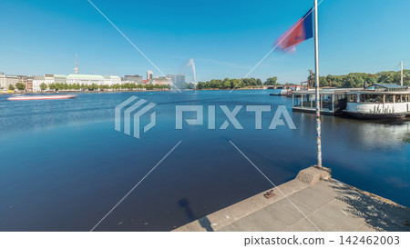 Panorama showing Binnenalster timelapse in Hamburg, Germany, with boat station. Panorama showing Binnenalster timelapse in Hamburg, Germany, with boat station. 142462003