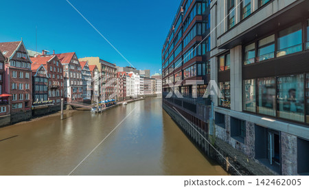Panorama showing Kleines Dock along the northern Elbe Canal aerial timelapse in Hamburg, Germany. Panorama showing Kleines Dock along the northern Elbe Canal aerial timelapse in Hamburg, Germany. 142462005