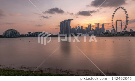 Sunset over the downtown skyline of Singapore as viewed from across the water from The Garden East timelapse. Singapore. Sunset over the downtown skyline of Singapore as viewed from across the water from The Garden East timelapse. Singapore. 142462045