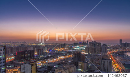 Cityscape of Ajman from rooftop day to night timelapse after sunset. Cityscape of Ajman from rooftop day to night timelapse after sunset. 142462087