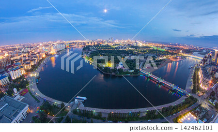 Elevated view over the city center with river and park and central business district day to night Timelapse, Kazakhstan, Astana Elevated view over the city center with river and park and central business district day to night Timelapse, Kazakhstan, Astana 142462101