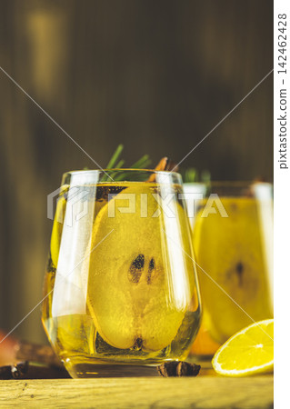 Festive summer drinks, pear spice cocktail. Hot drink cocktail f Festive summer drinks, pear spice cocktail. Hot drink cocktail f 142462428