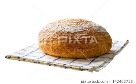 Round of wheat rustic bread with sourdough , isolated on white background. Crusty loaf of sourdough bread. Round of wheat rustic bread with sourdough , isolated on white background. Crusty loaf of sourdough bread. 142462738