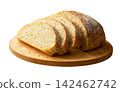 Sliced round of wheat rustic bread with sourdough, on cutting board , isolated on white background. 142462742