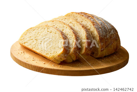 Sliced round of wheat rustic bread with sourdough, on cutting board , isolated on white background. Sliced round of wheat rustic bread with sourdough, on cutting board , isolated on white background. 142462742