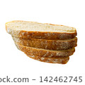 stacked pieces round of wheat rustic bread with sourdough, isolated on white background. 142462745