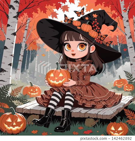This is a cute anime-style digital illustration of a chibi witch holding a carved pumpkin in an autumn forest This is a cute anime-style digital illustration of a chibi witch holding a carved pumpkin in an autumn forest 142462892