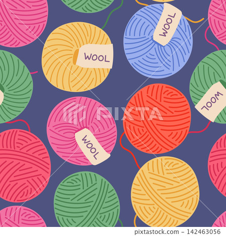 Vibrant wool yarn balls seamless pattern vector illustration. Colorful knitting yarn repeat tile on blue background. Cozy crafting hobby design in modern, playful flat cartoon style Vibrant wool yarn balls seamless pattern vector illustration. Colorful knitting yarn repeat tile on blue background. Cozy crafting hobby design in modern, playful flat cartoon style 142463056