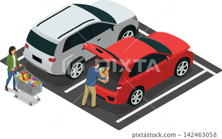 Parking lot with parked cars and people carrying groceries Parking lot with parked cars and people carrying groceries 142463058