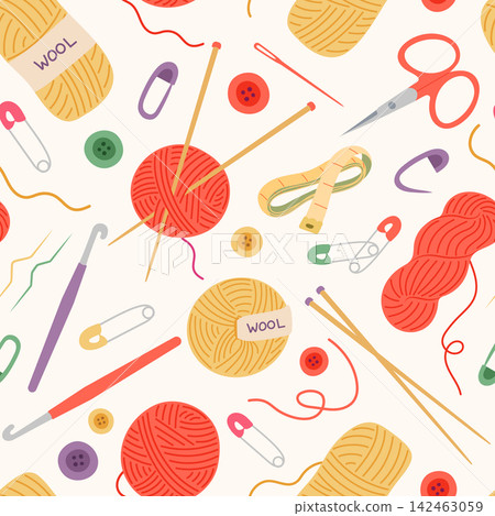 Knitting and crochet tools and supplies seamless pattern vector illustration. Colorful wool yarn balls, embroidery scissors, knitting needles, crochet hooks on light background. Crafting repeat tile 142463059