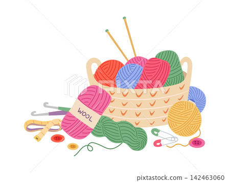 Knitting and crochet hobby supplies vector illustration. Basket with wool yarn, knitting needles, crochet hooks, and buttons isolated on white background. Cozy craft hobby tools composition 142463060