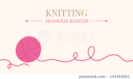 Knitting seamless border vector illustration. Pink yarn ball with long thread on cream background. Craft hobby divider for knitting shop, blog header, social media banner design 142463061