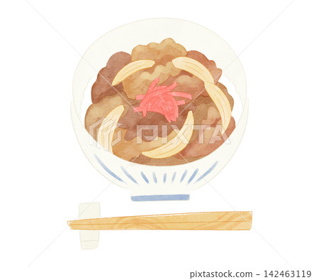 可愛又充滿奇思妙想的牛肉飯和筷子水彩風格插畫。 可愛又充滿奇思妙想的牛肉飯和筷子水彩風格插畫。 142463119