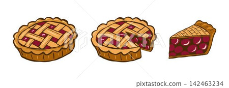 Hand-drawn illustration of a traditional homemade cherry pie with a golden-brown lattice crust, juicy red cherry filling, and a detailed slice showing the sweet fruit interior. Hand-drawn illustration of a traditional homemade cherry pie with a golden-brown lattice crust, juicy red cherry filling, and a detailed slice showing the sweet fruit interior. 142463234