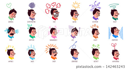 Face expression character set in crayon doodle comic style with colorful heads in different mood and emotion with expressive symbols. Face emotion set with clear moods and playful effects Face expression character set in crayon doodle comic style with colorful heads in different mood and emotion with expressive symbols. Face emotion set with clear moods and playful effects 142463243
