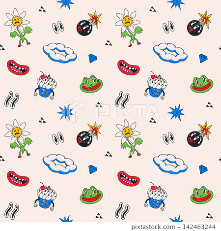 Seamless comic pattern with groovy cartoon characters, funky faces and abstract doodles on beige background. Comic pattern character icons. Great for fabric and wrapping paper. Drag to swatches panel 142463244